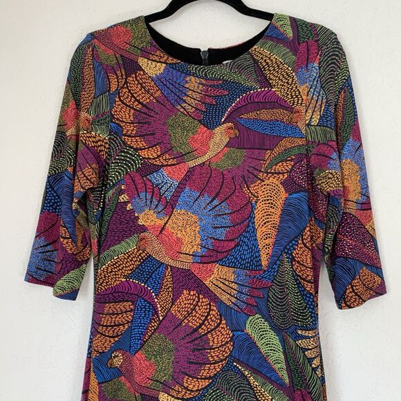 Farm Rio Dress Dotted Macaws Midi 3/4 Sleeve Fitted Jersey Tropical Vacation M - Picture 5 of 14